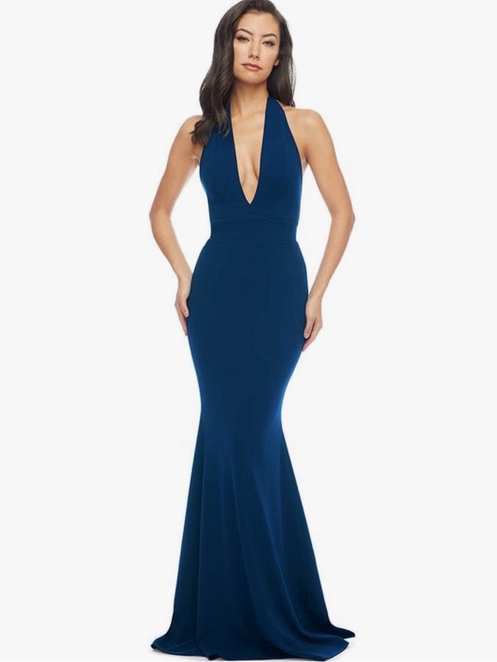 NWT Deep V-Neck Halter Gown in Peacock Blue